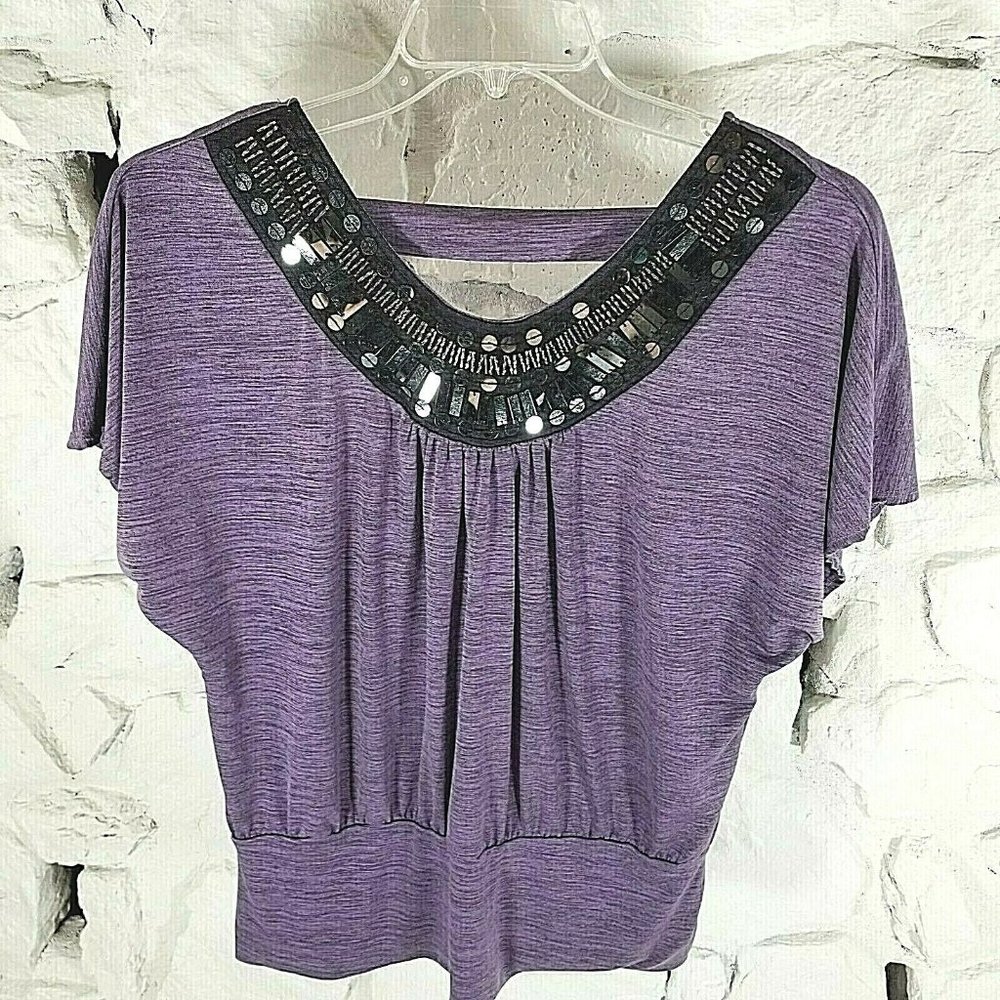 IZ Byer Blouse Purple Beaded Banded Waist Cut Out Back Loose Fit Womens XL